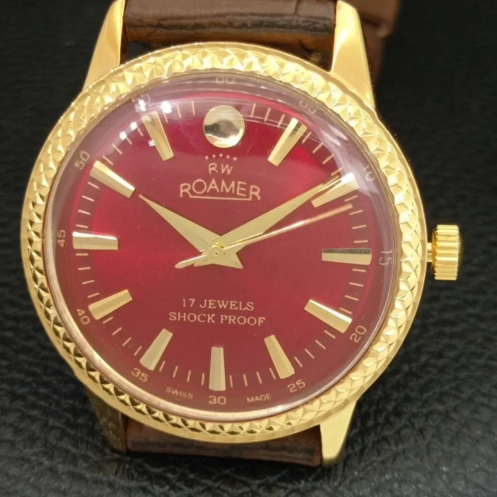 Vintage 1977 Roamer Manual Mens Gold Watch W/Leather Strap & Red accents